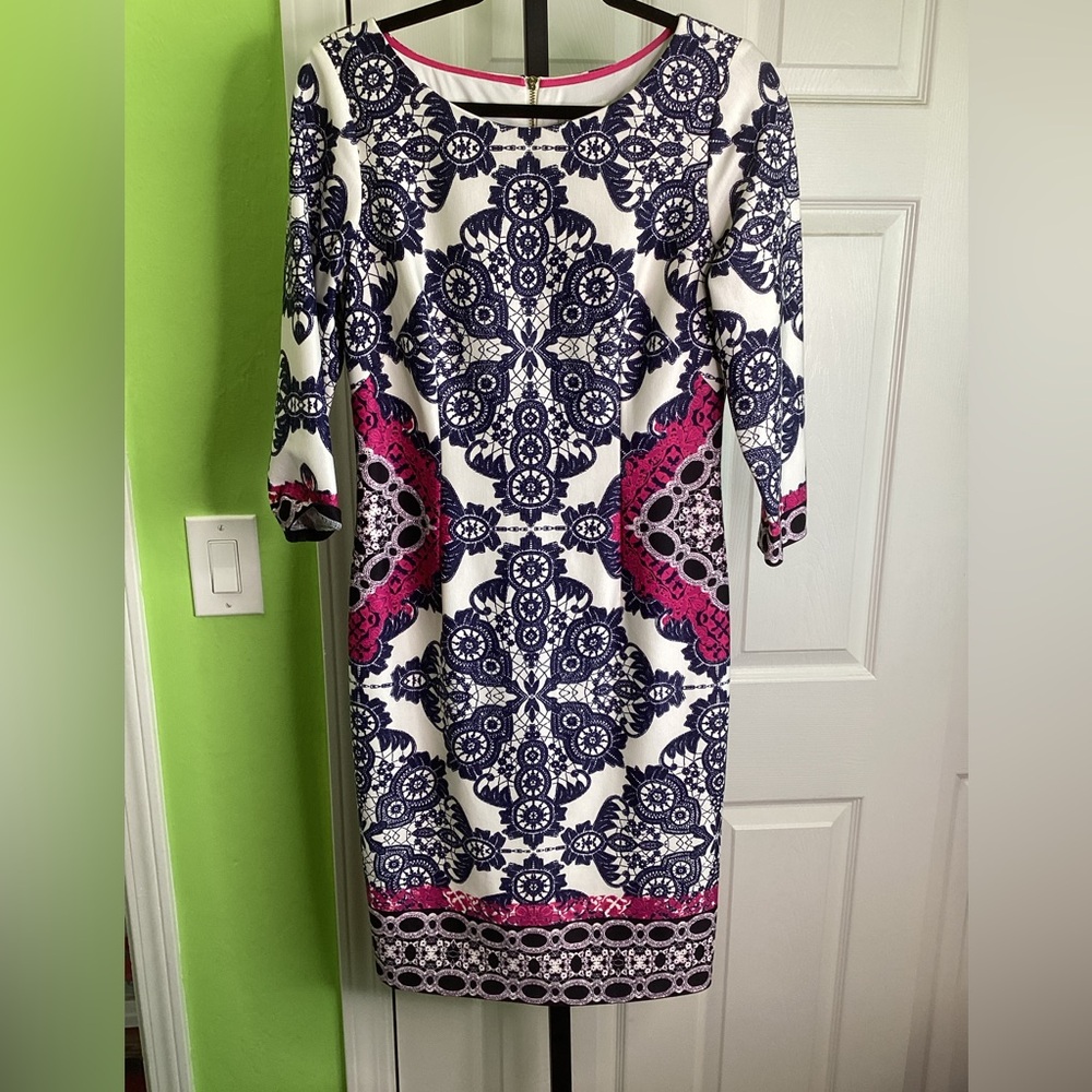 Eliza J. Elegant Blue and Fuchsia Patterned Dress, size 8